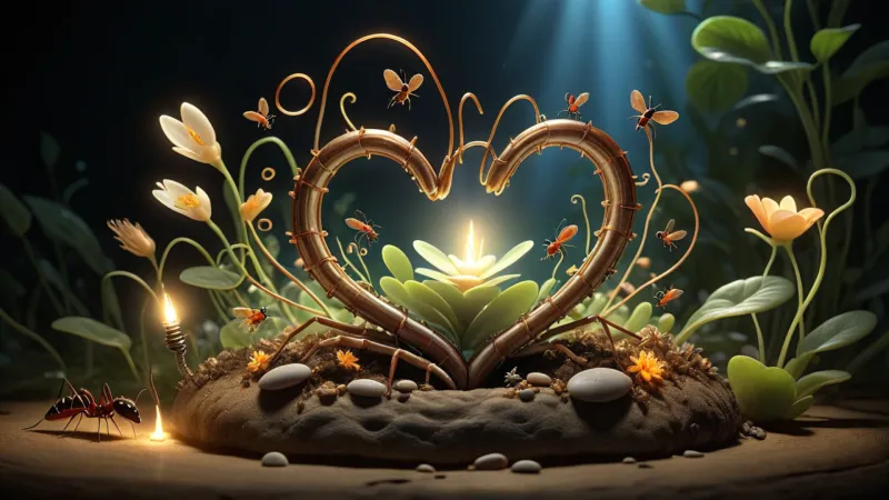 صورة فنية رمزية فيها ضوء طالع من القلب أو اليد، محاط بحيوانات صغيرة زي نملة، ذبابة، سحلية، كلها واقفة حواليه من غير خوف، وفيه طاقة ضوئية بتغلفهم.